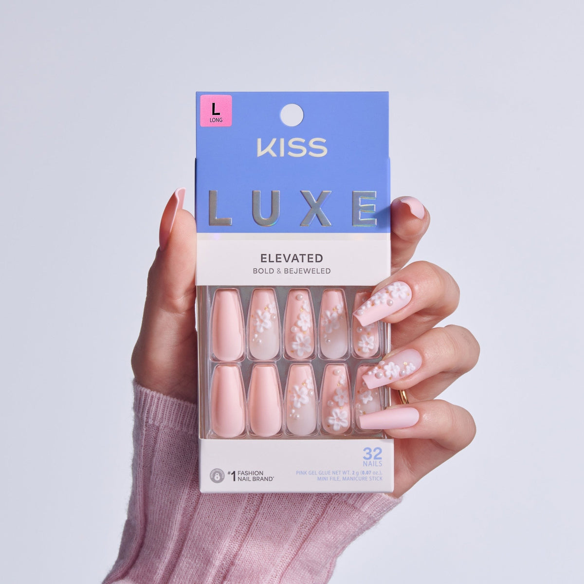 Kiss Luxe Press On Fake Glue Nails - Wandering Tide | 3D & Jewel Design, Pink, Long, Coffin