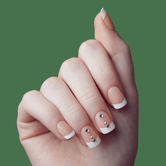 Impress Design No Glue Fake Press On Nails - Falling | 3D & Jewel French, White, Short, Squoval, Manicure