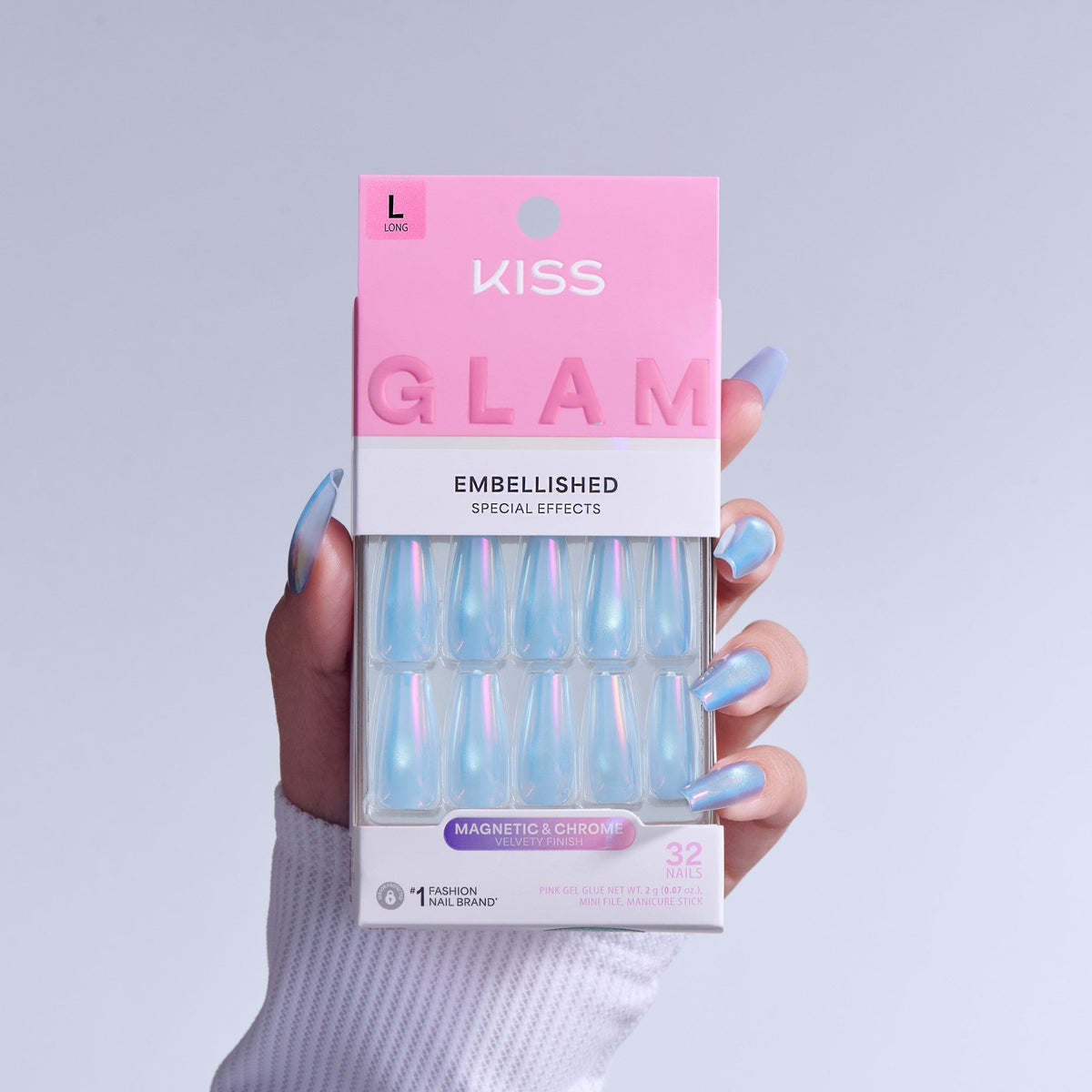 Kiss Glam Embellished Press On Fake Glue Nails - Light Me Softly | Design, Blue, Long, Coffin