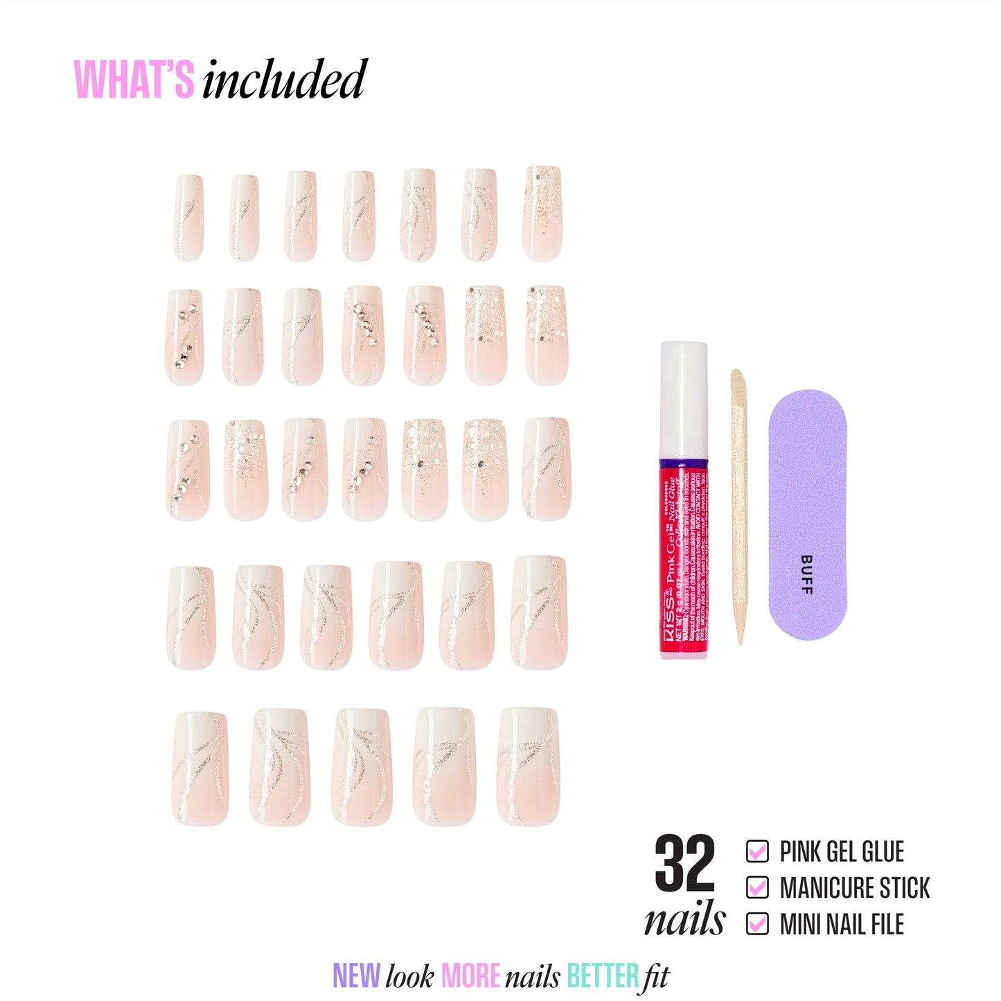 Kiss Glam 3D & Jewel Press On Fake Glue Nails - Wrapped in Beauty | 3D & Jewel French Design, White, Long, Square