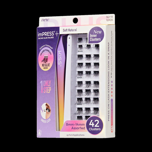 Impress+ Pre-Glued False Eyelashes Starter Kit - Soft Natural | 42 Lash Clusters, With Applicator, Includes Inner Clusters, 8mm-14mm