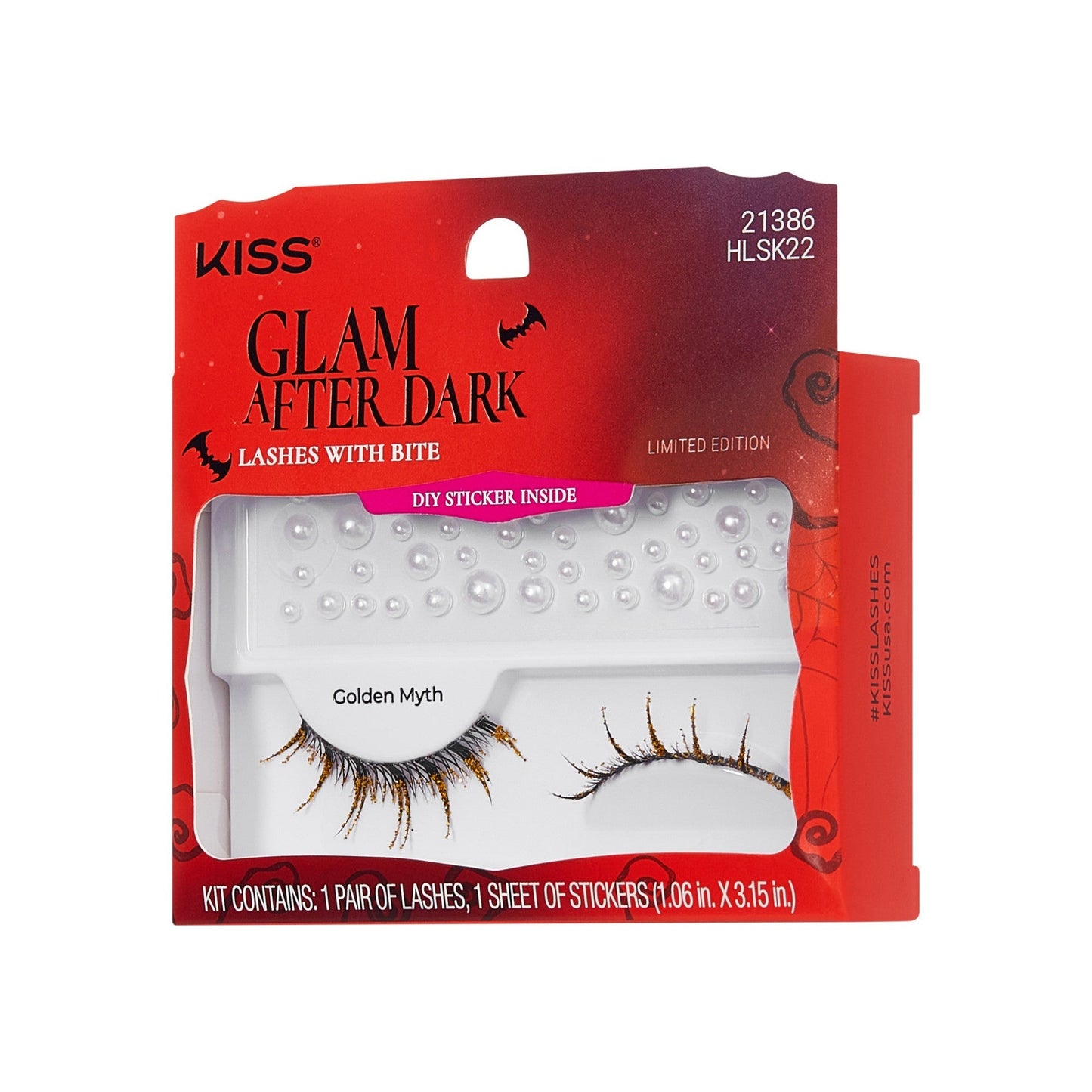 Kiss Halloween Decorated False Eyelashes & Gem Sticker - Golden Myth | 1 Pair, Strip Lashes, 7mm-12mm