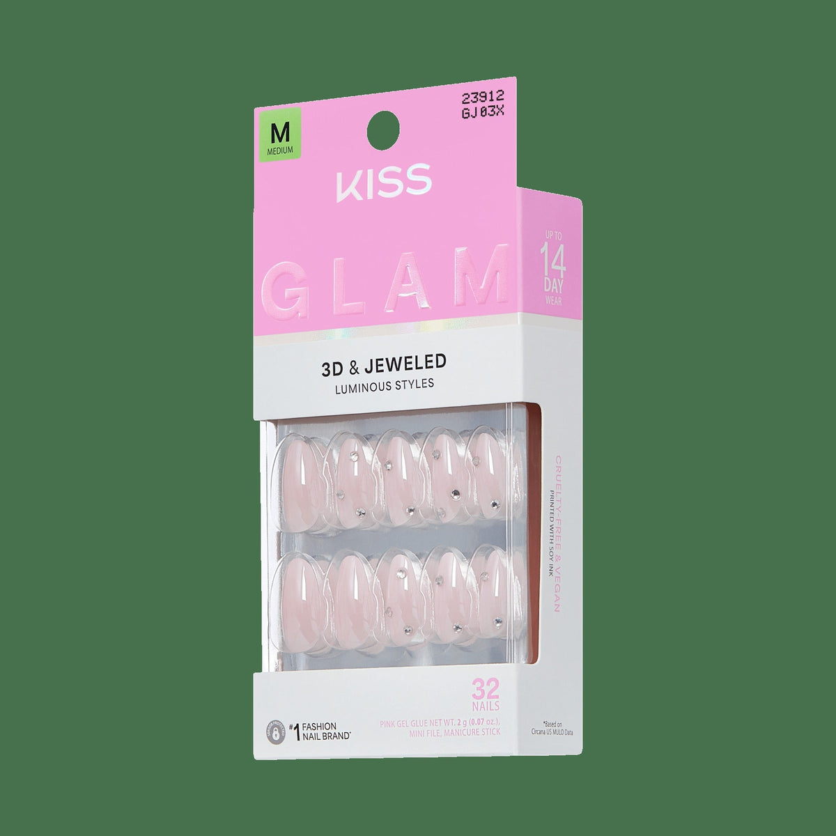 Kiss Glam Jeweled Press On Fake Glue Nails - Candy Dust | 3D & Jeweled, Pink, Medium, Almond