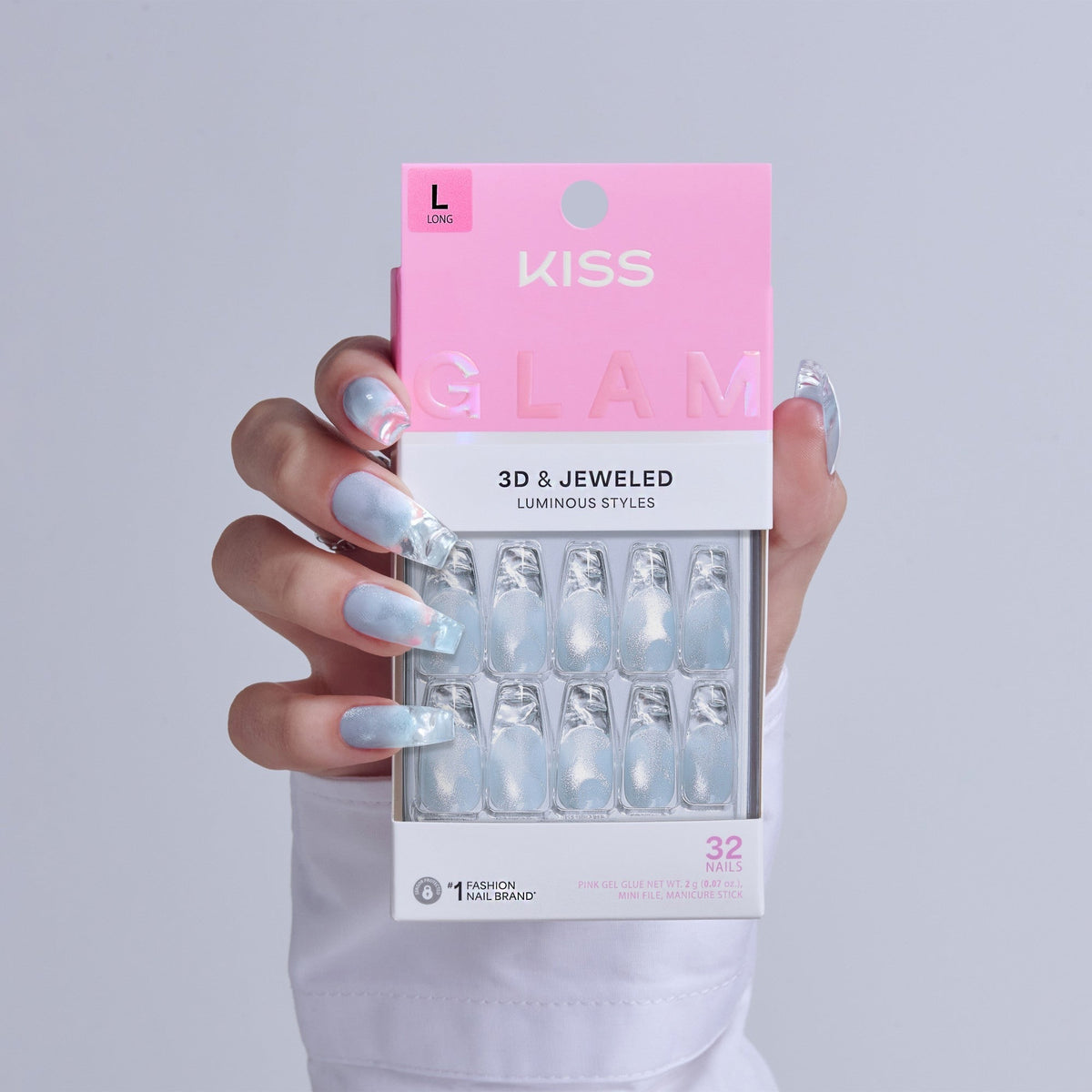 Kiss Glam 3D & Jewel Press On Fake Glue Nails - Seraphic | Design, Blue & Clear, Long, Coffin