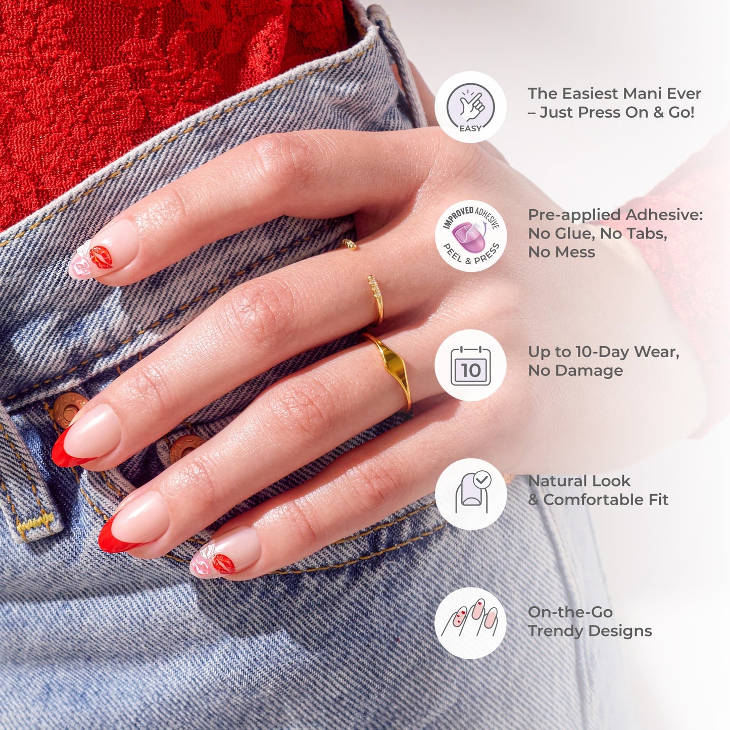 Impress Design No Glue Fake Press On Nails - Still The One | 3D & Jewel French Design, Pink, Medium, Almond, Manicure