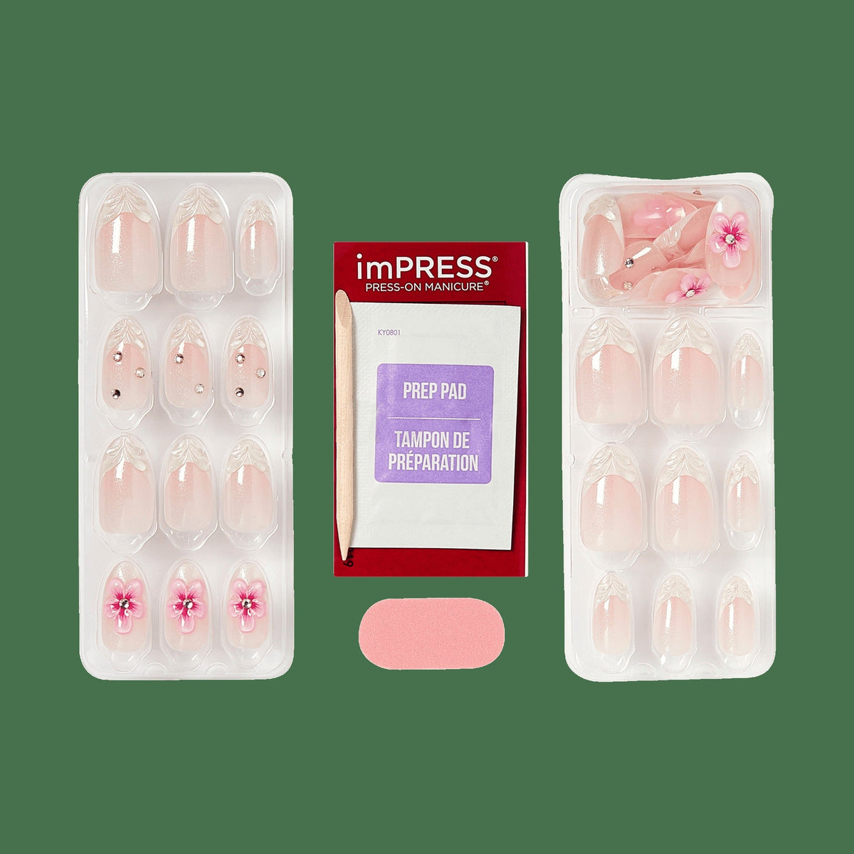 Impress Premium No Glue Fake Press On Nails - Couture-geous | 3D & Jewel French, Pink, Medium, Almond, Manicure