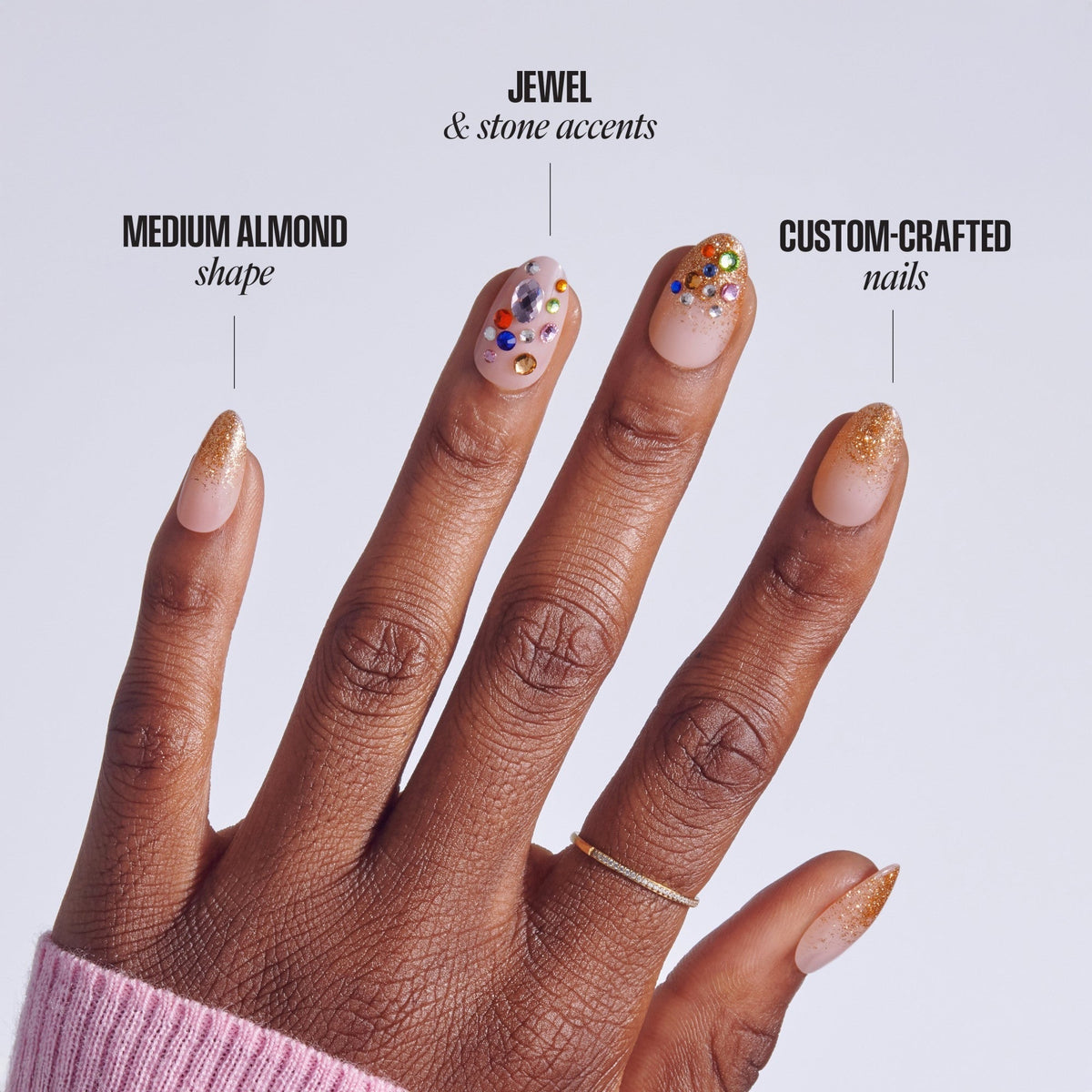 Kiss Luxe Press On Fake Glue Nails - Golden Field | 3D & Jewel Design, Gold, Medium, Almond