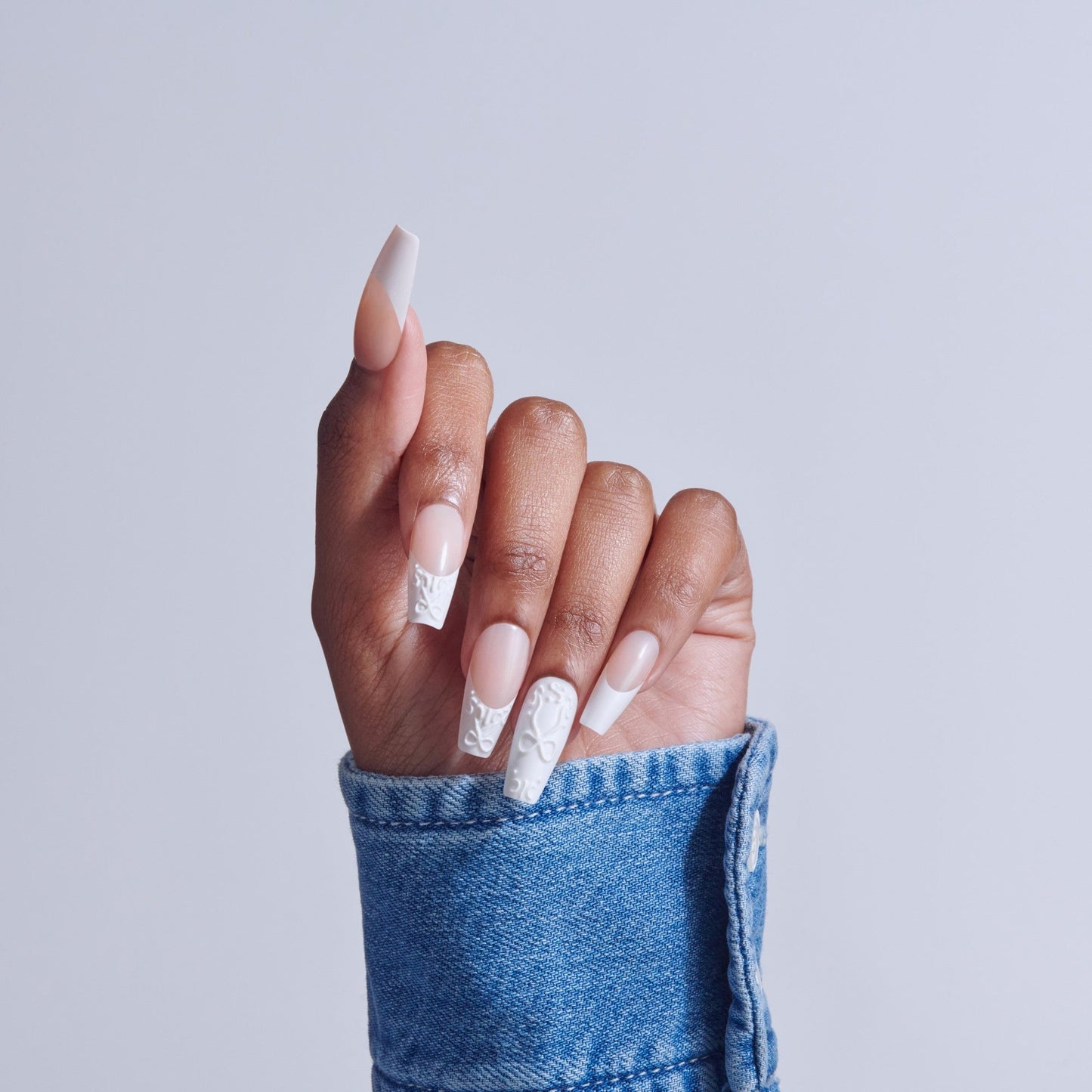 Kiss Glam 3D & Jewel Press On Fake Glue Nails - Breath of Harmony | French, White, Long, Coffin