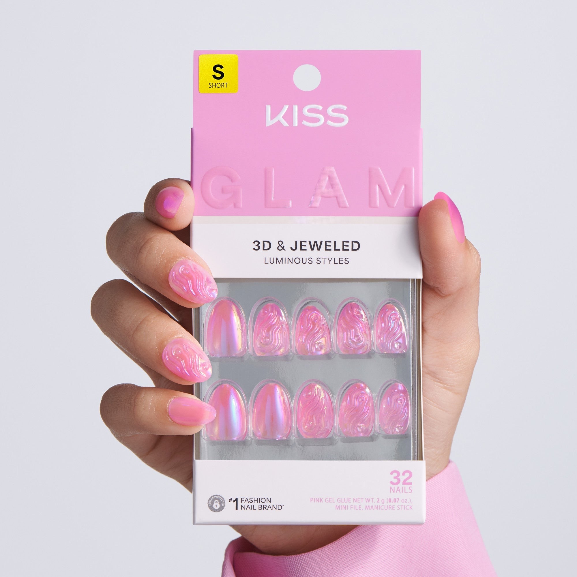 Kiss Glam Jeweled Press On Fake Glue Nails - Starry Chiffon | 3D & Jeweled Design, Pink, Short, Almond