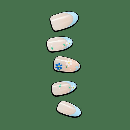 Impress Design No Glue Fake Press On Nails - Golden Nest | French Design, Blue, Medium, Almond, Manicure