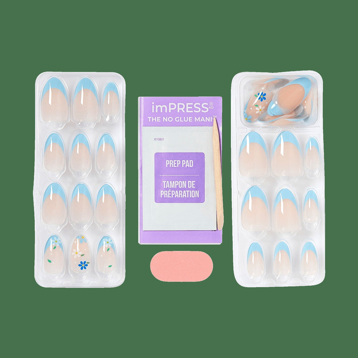 Impress Design No Glue Fake Press On Nails - Golden Nest | French Design, Blue, Medium, Almond, Manicure