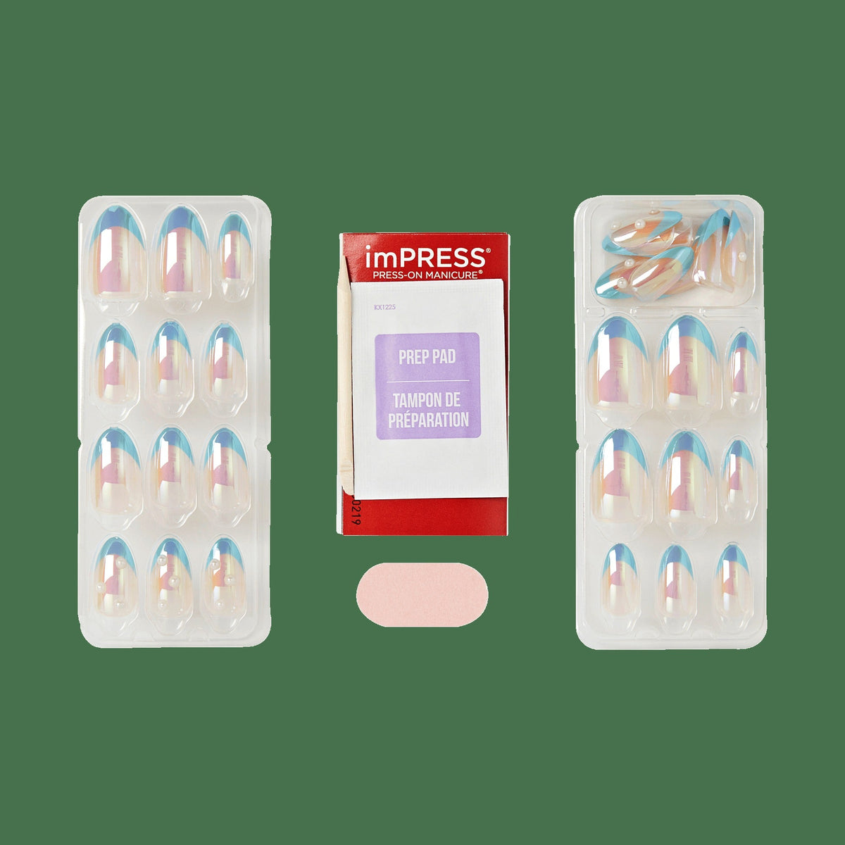 Impress Premium No Glue Fake Press On Nails - Best Life | 3D & Jewel French, Metallic Blue, Medium, Almond, Manicure