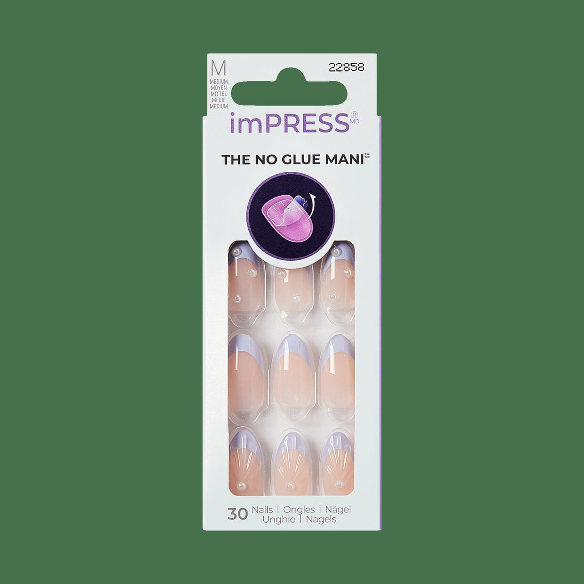 Impress Design No Glue Fake Press On Nails - Sky Breeze | 3D & Jewel French, Purple, Medium, Almond, Manicure