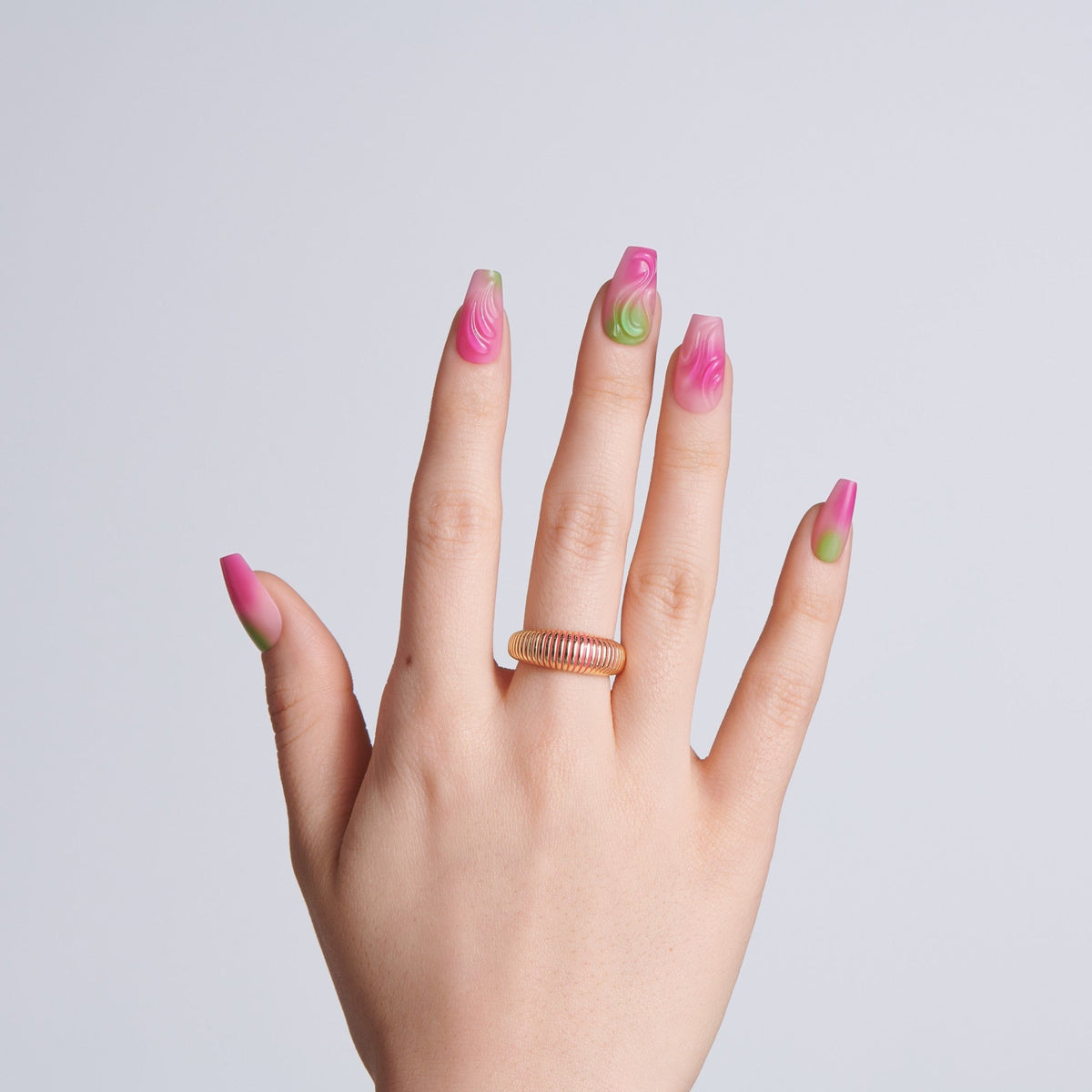 Kiss Glam Jeweled Press On Fake Glue Nails - Coconut Coast | 3D & Jewel Design, Pink & Green, Medium, Coffin