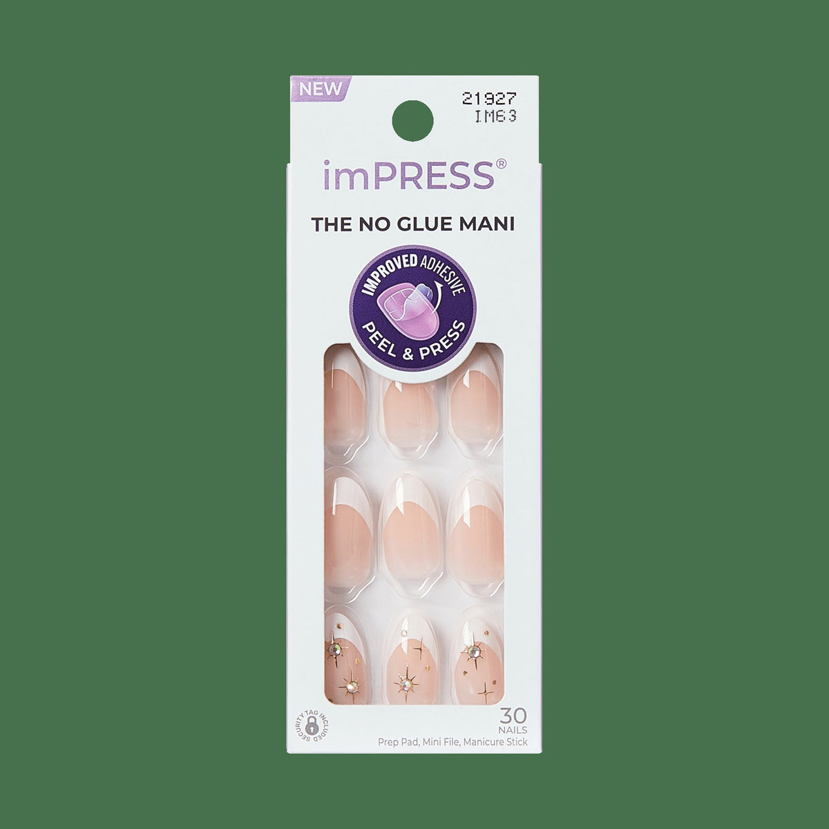 Impress Design No Glue Fake Press On Nails - Star Player | 3D & Jewel French, White, Medium, Almond, Manicure