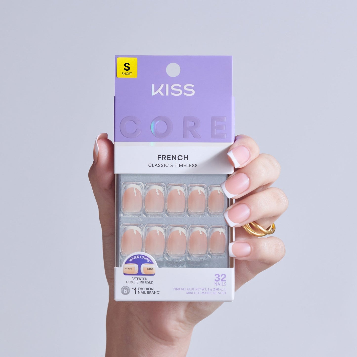 Kiss Core French Press On Fake Glue Nails - Snapshot | French Tips, White, Short, Squoval