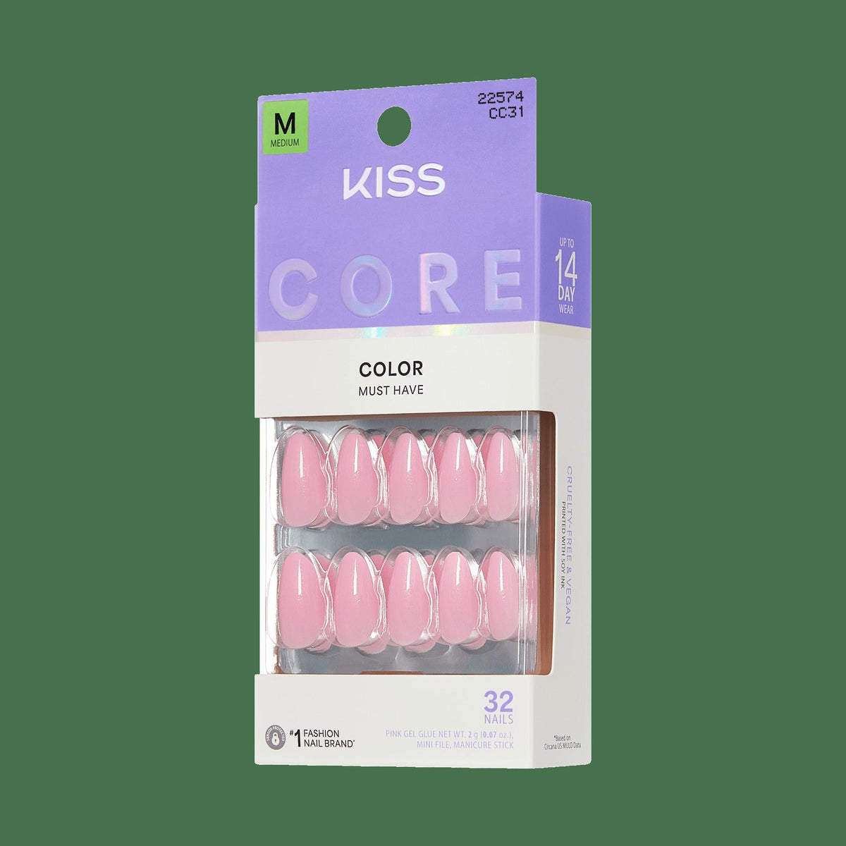 Kiss Core Color Press On Fake Glue Nails - Lilt | Solid, Pink, Medium, Almond