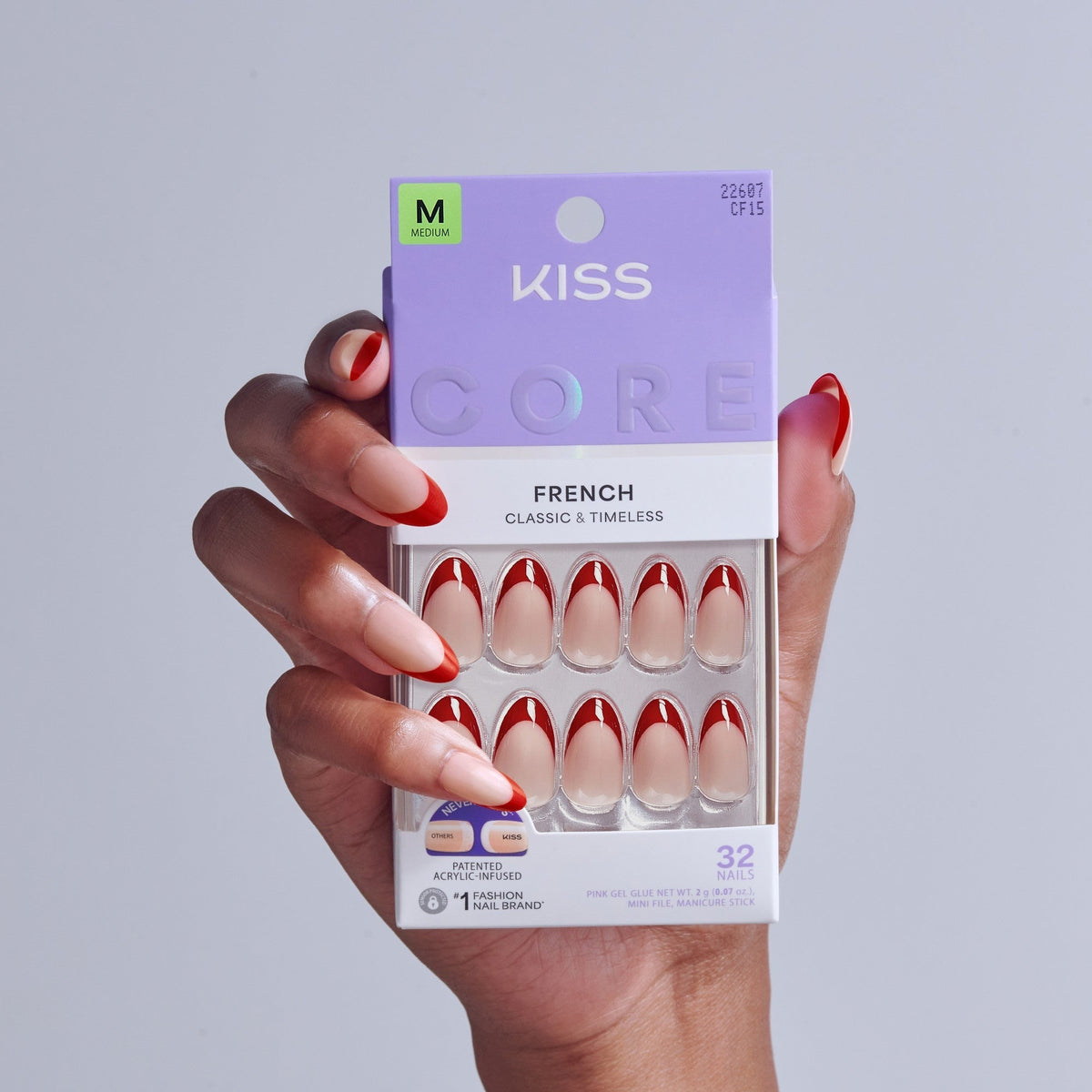 Kiss Core French Press On Fake Glue Nails - Optimistic | French Tips, Red, Medium, Almond