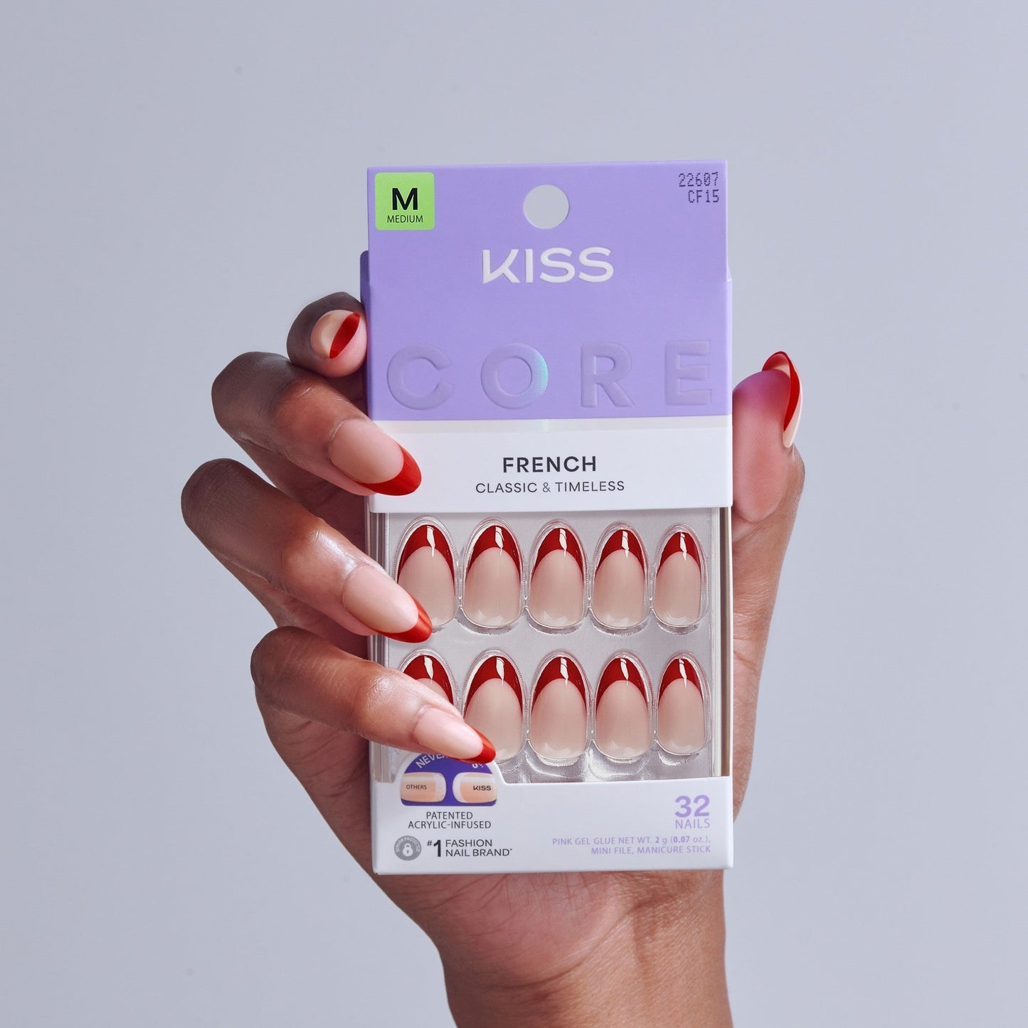 Kiss Core French Press On Fake Glue Nails - Optimistic | French Tips, Red, Medium, Almond
