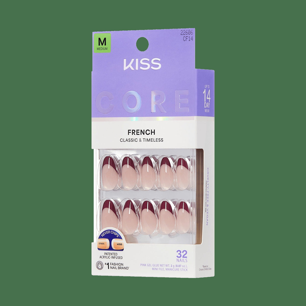 Kiss Core French Press On Fake Glue Nails - Cheerful | French Tips, Red, Medium, Almond