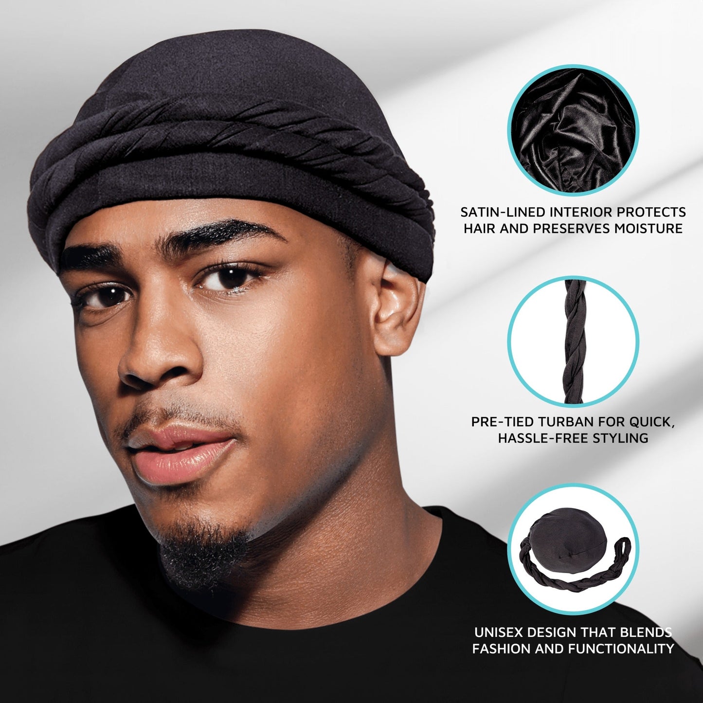 Kiss Colors & Care Premium Satin-Lined Halo Turban & 2 Wave Caps - Black | Wave Cap, Stocking Cap, One Size, Hair Accessories