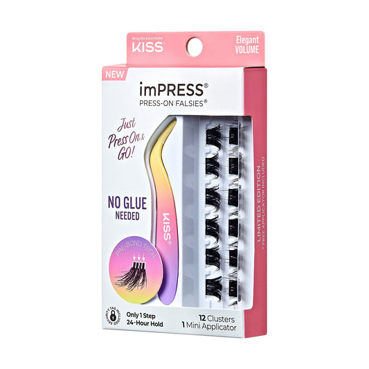 Impress Falsies Pre-Glued False Eyelashes Minipack - Elegant | 12 Lash Clusters, With Mini Applicator, 12mm-14mm