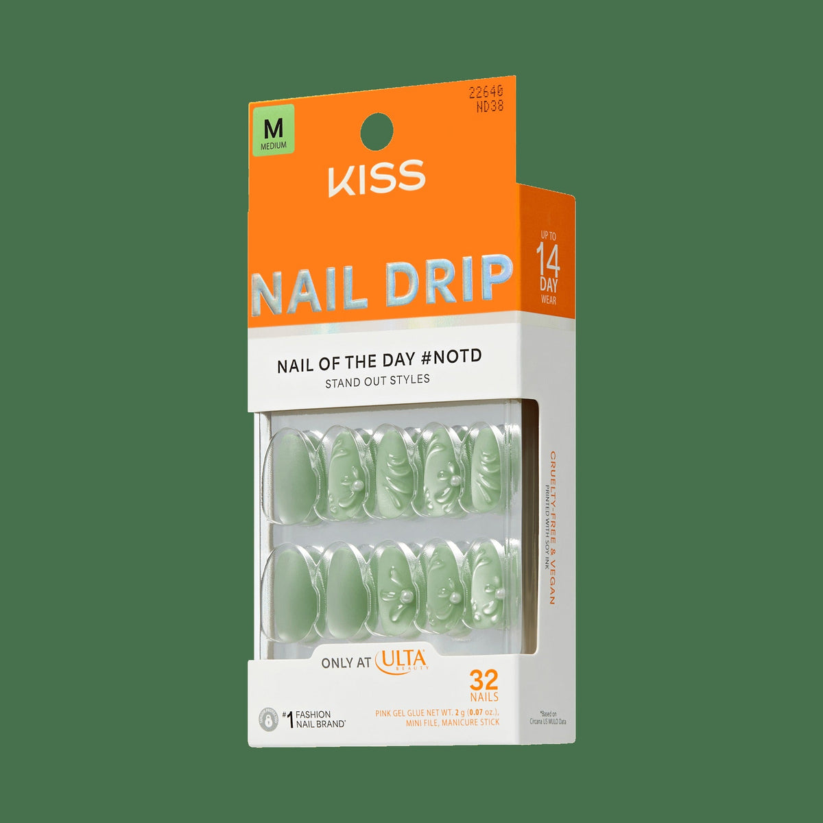 Kiss Nail Drip Press On Fake Glue Nails - Dancing Heart | 3D & Jewel Design, Green, Medium, Almond