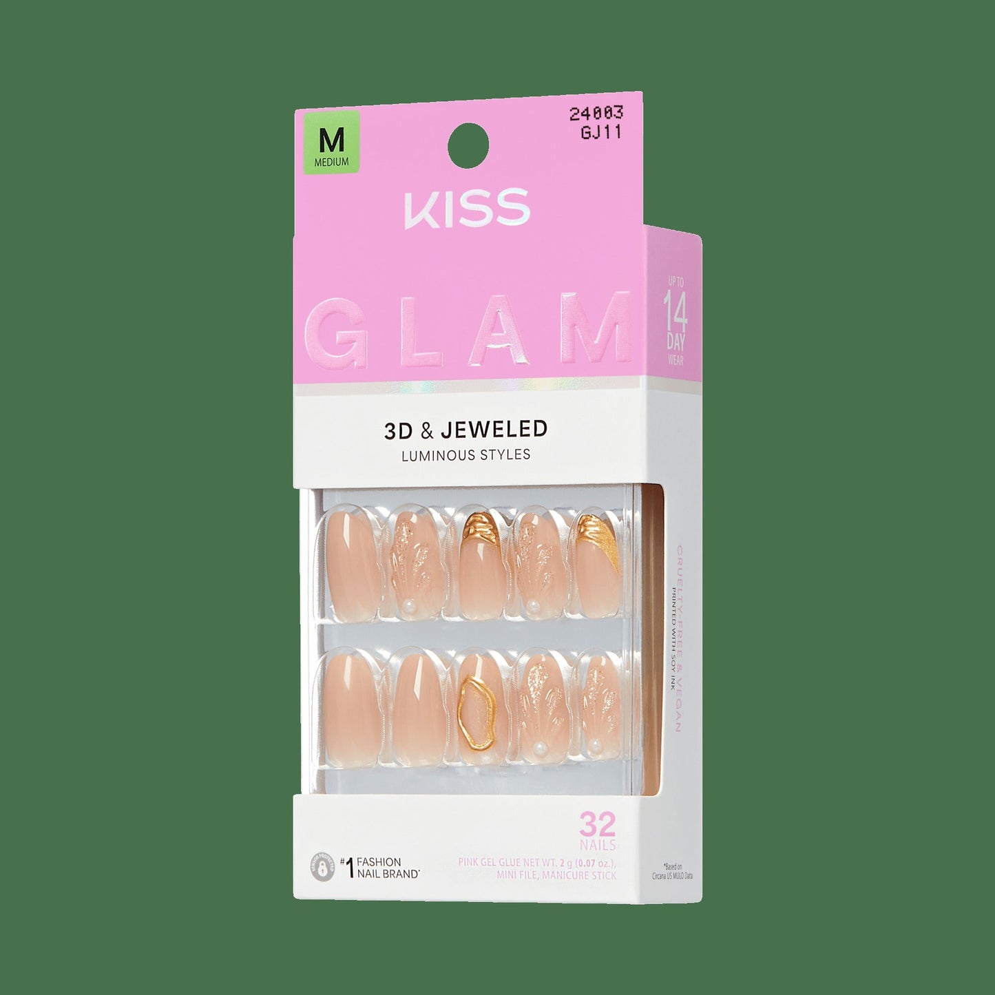Kiss Glam 3D & Jewel Press On Fake Glue Nails - Blossoming Love | 3D & Jewel Design, Beige & Gold, Medium, Round
