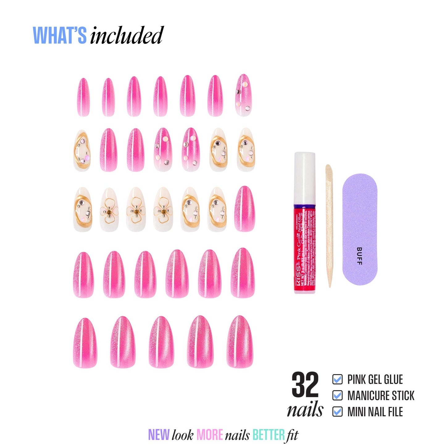 Kiss Luxe Press On Fake Glue Nails - Aurelia Meadow | 3D & Jewel Design, Pink, Long, Almond