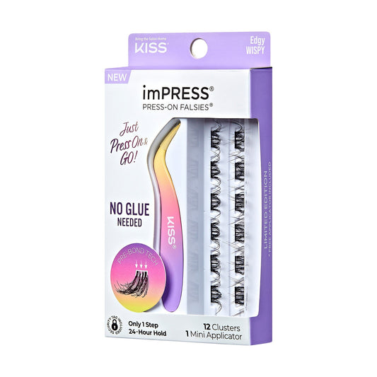 Impress Falsies Pre-Glued False Eyelashes Minipack - Edgy | 12 Lash Clusters, With Mini Applicator, 14mm-16mm