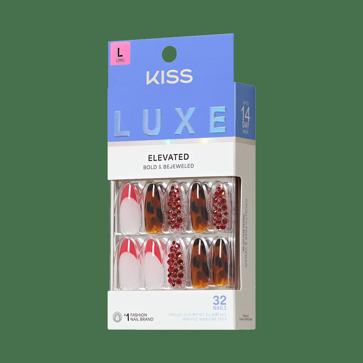 Kiss Luxe Press On Fake Glue Nails - Tidal Quest | 3D & Jewel French Design, Red & Brown, Long, Almond
