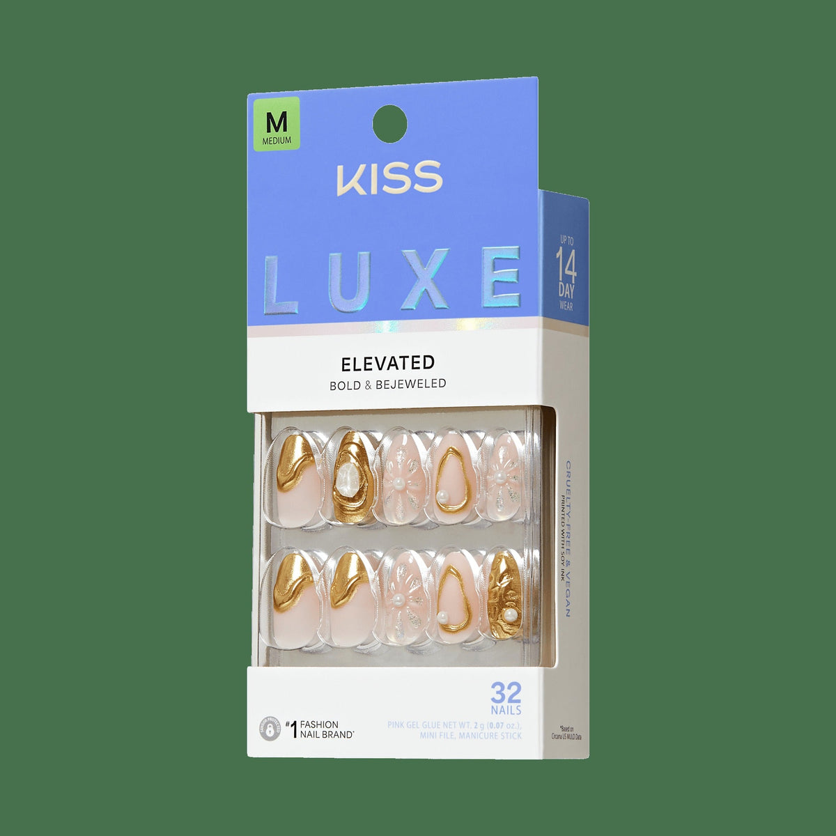 Kiss Luxe Press On Fake Glue Nails - Blossom Tide | 3D & Jewel Design, Gold, Medium, Almond