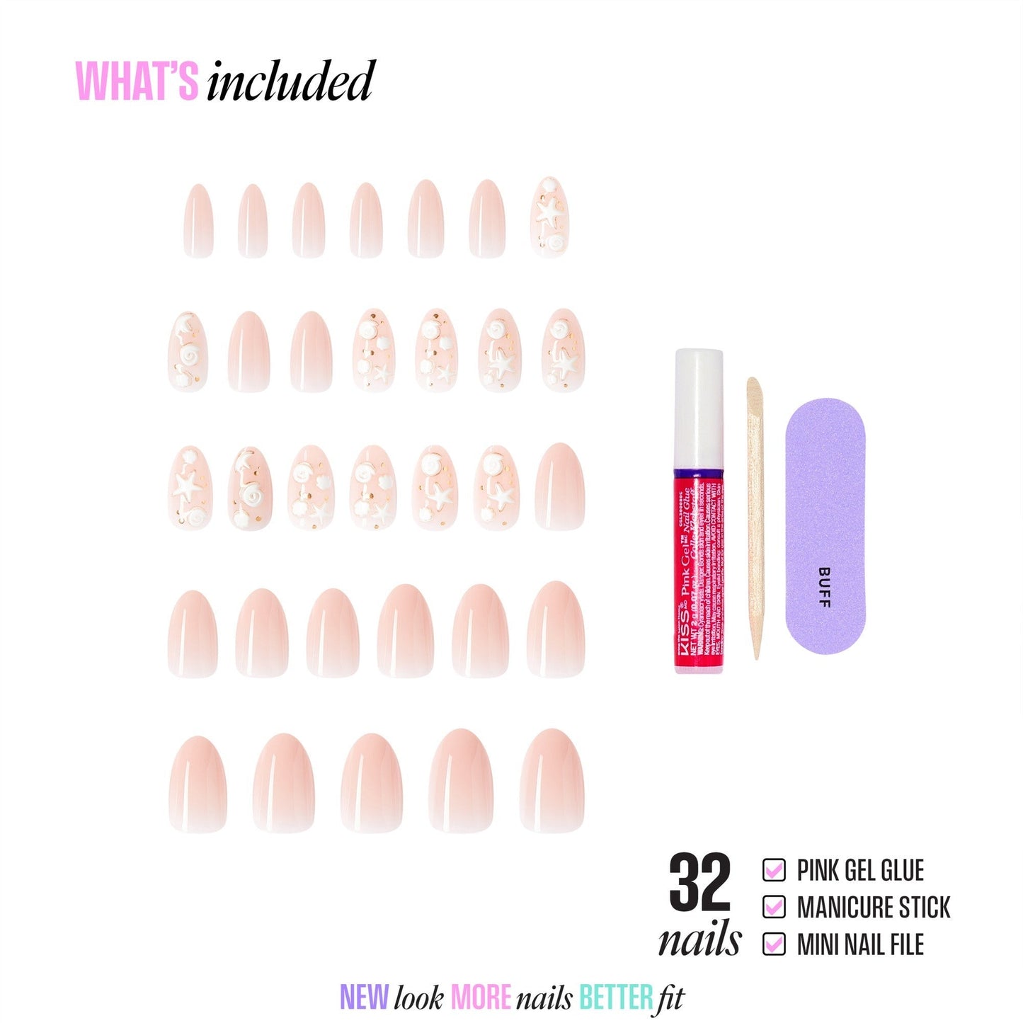 Kiss Glam Jeweled Press On Fake Glue Nails - Shell Me More | 3D & Jewel Design, Pink & White, Medium, Almond