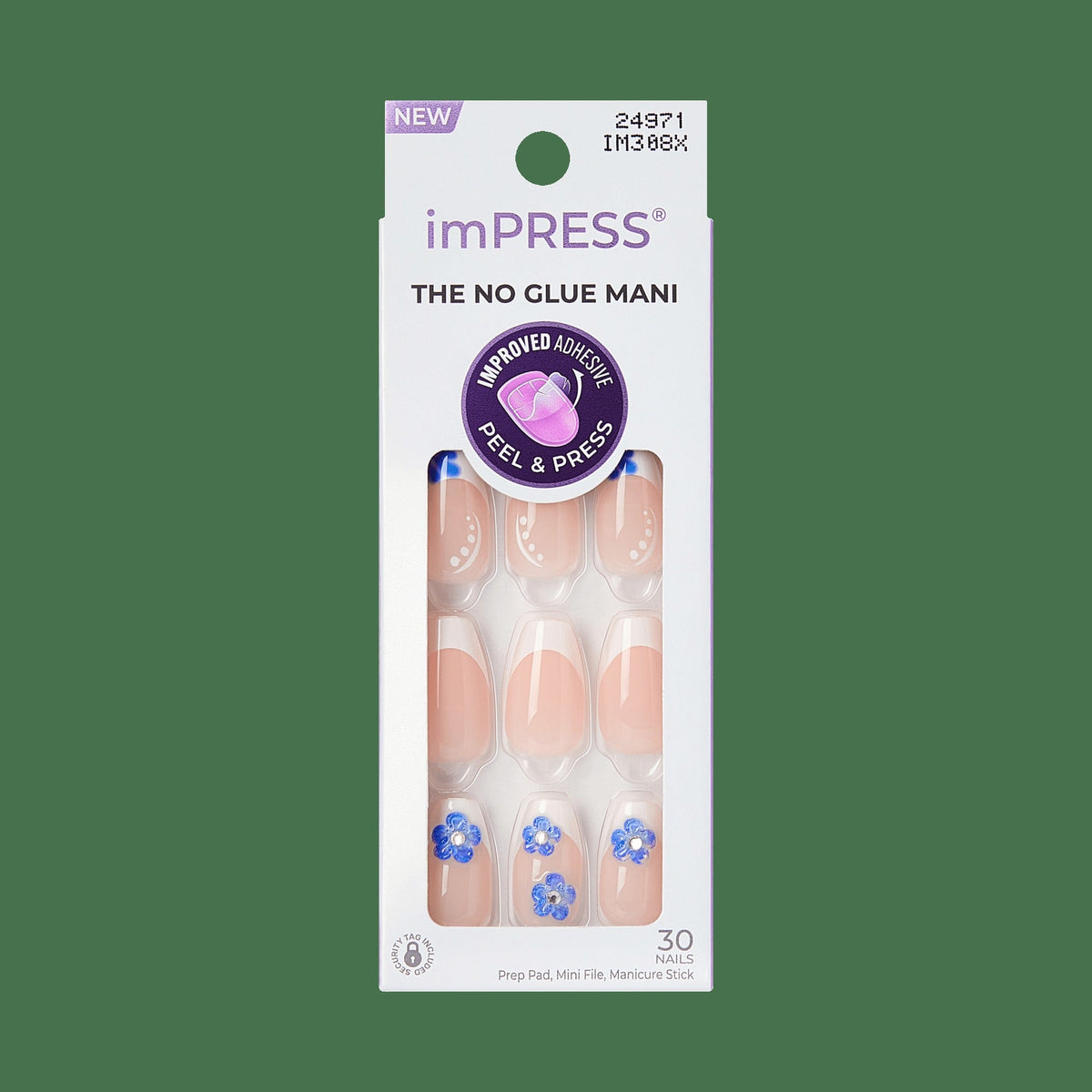 Impress Design No Glue Fake Press On Nails - Pure Ray | 3D & Jewel French Design, Blue & White, Medium, Coffin, Manicure