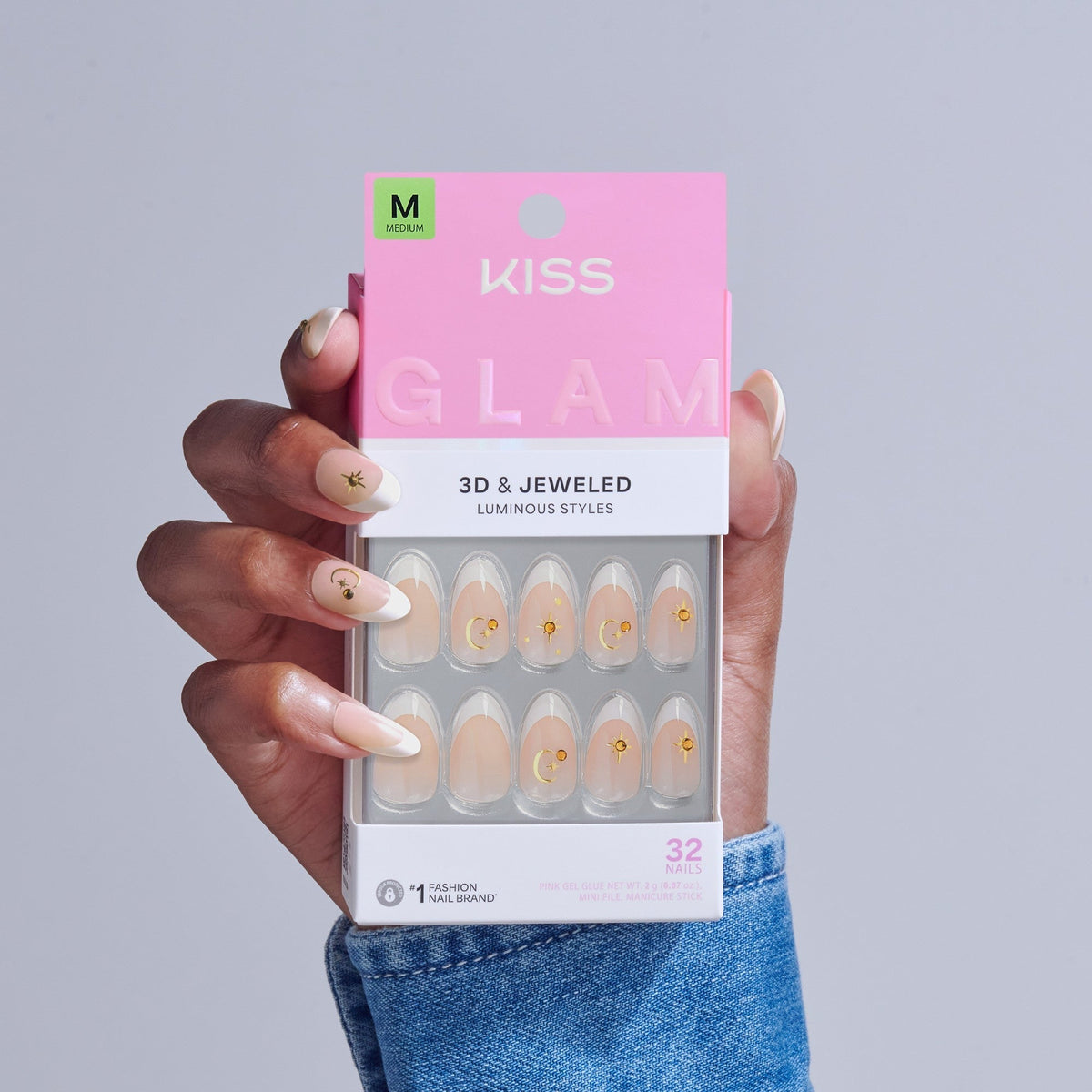 Kiss Glam 3D & Jewel Press On Fake Glue Nails - Zephyr | 3D & Jewel French Design, White & Gold, Medium, Almond
