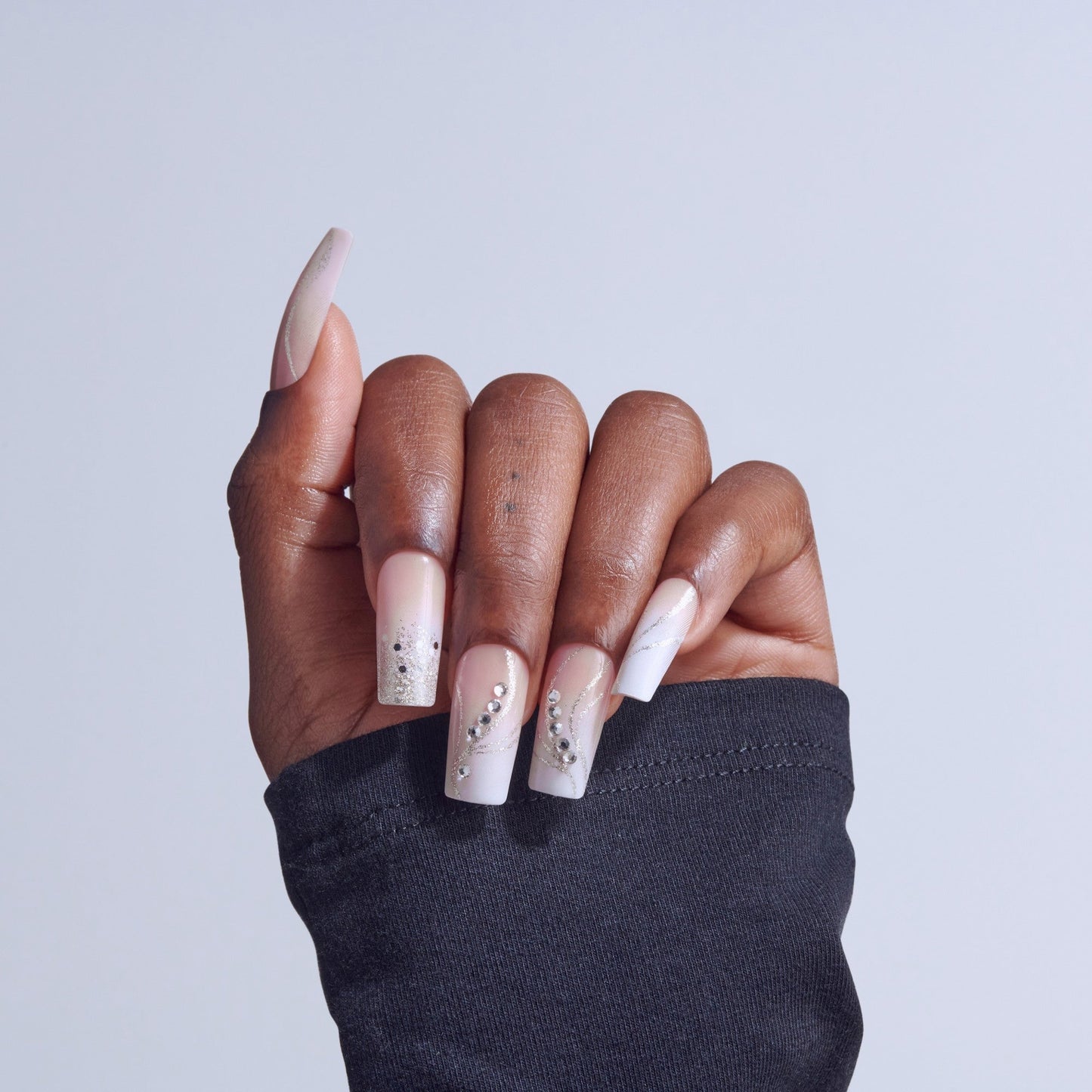 Kiss Glam 3D & Jewel Press On Fake Glue Nails - Wrapped in Beauty | 3D & Jewel French Design, White, Long, Square