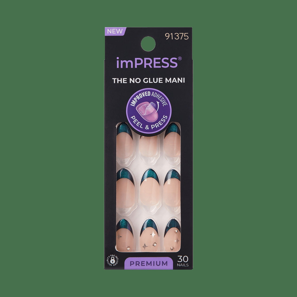 Impress Premium No Glue Fake Press On Nails - Visions | 3D & Jewel French, Metallic Green, Medium, Almond, Manicure