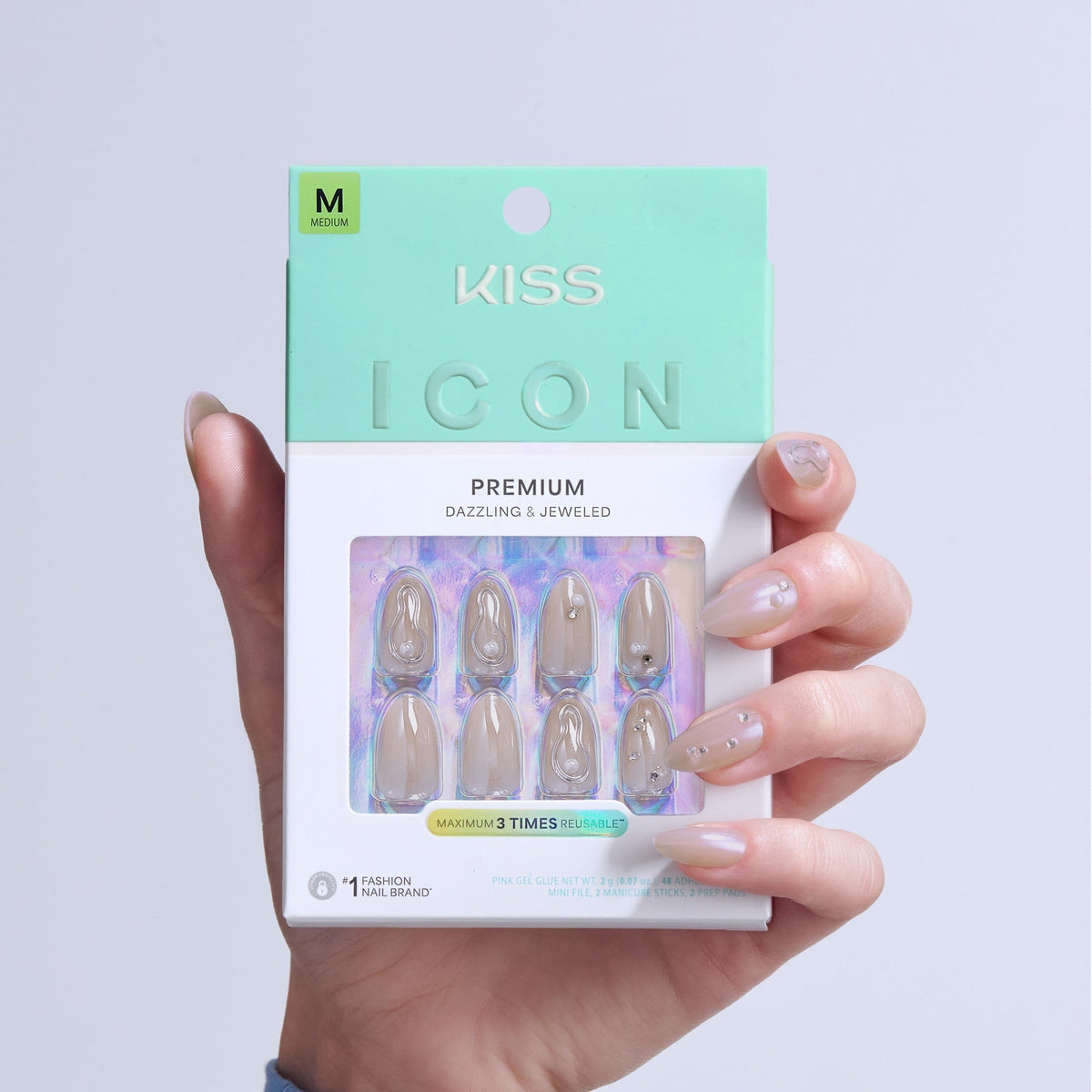 Kiss Icon Press On Fake Glue Nails - Terrific | 3D & Jewel Design, White, Medium, Almond