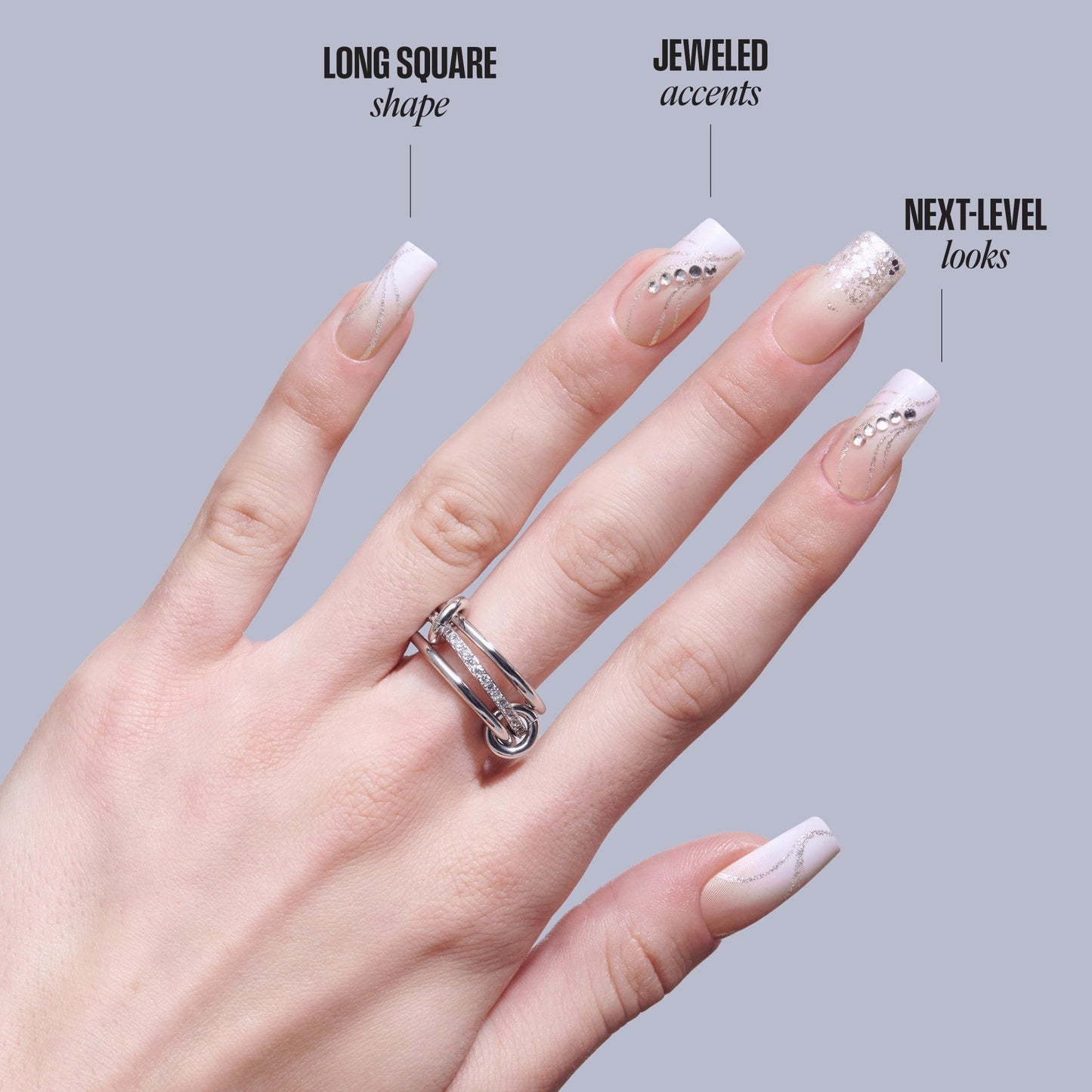 Kiss Glam 3D & Jewel Press On Fake Glue Nails - Wrapped in Beauty | 3D & Jewel French Design, White, Long, Square