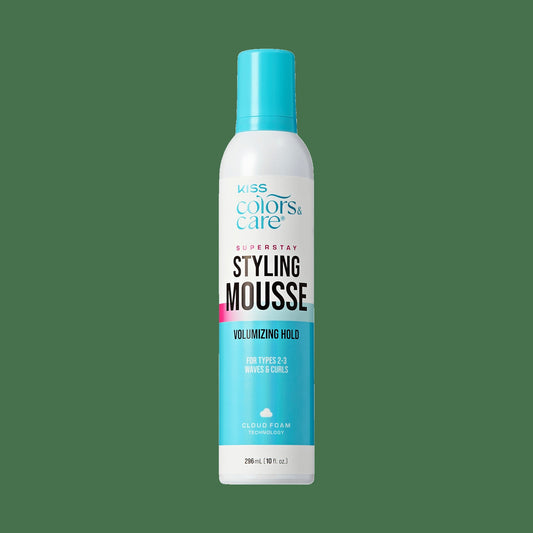 Kiss Colors & Care Super Stay Styling Mousse | Volumizing Hold, For Types 2-3, Waves & Curls, 10 oz, Hair Care