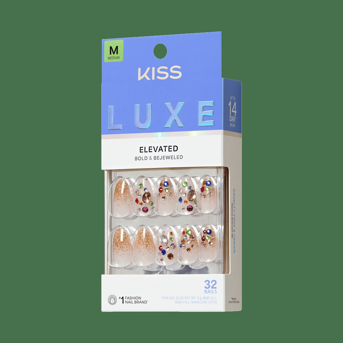 Kiss Luxe Press On Fake Glue Nails - Golden Field | 3D & Jewel Design, Gold, Medium, Almond