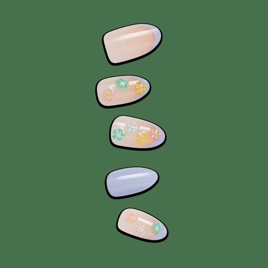Impress Design No Glue Fake Press On Nails - Pastel Bloom | 3D & Jewel French Design, Multicolor, Medium, Almond, Manicure