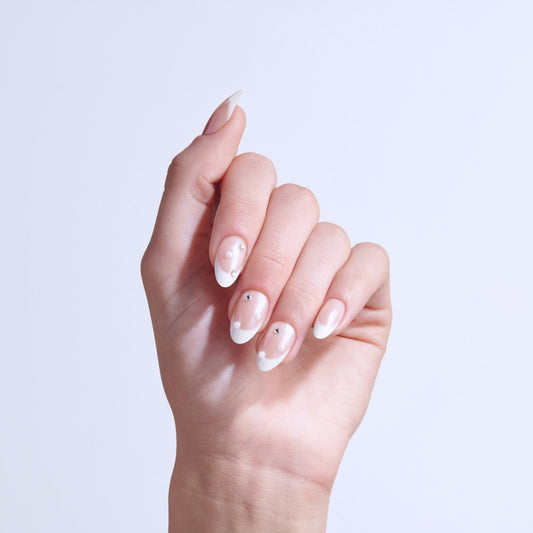 Kiss Glam 3D & Jewel Press On Fake Glue Nails - Serendipity Awaits | 3D & Jewel French, White, Medium, Almond