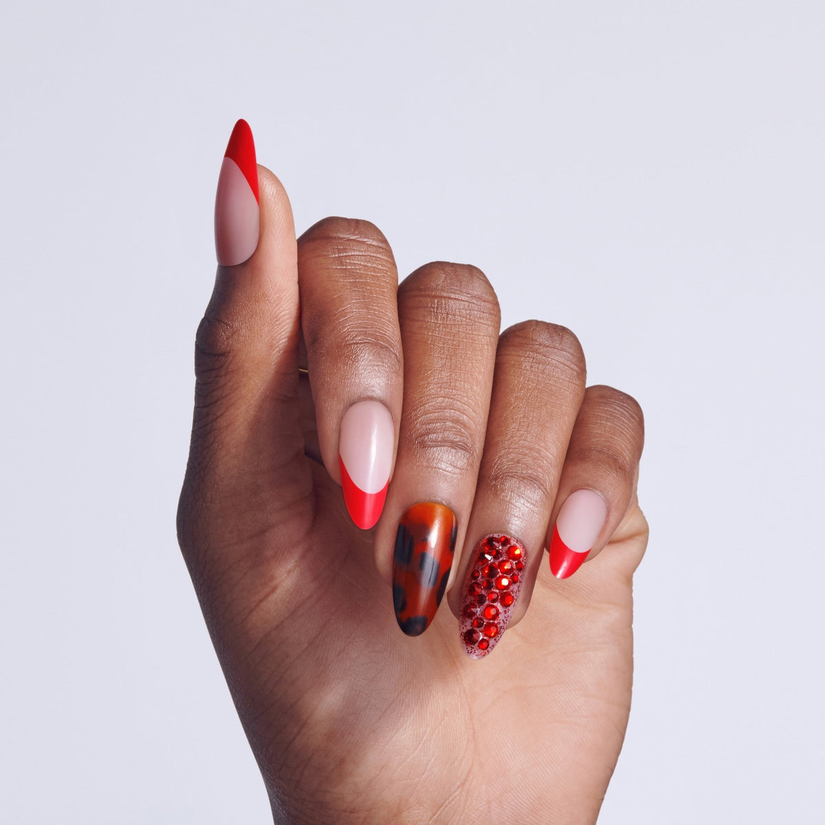Kiss Luxe Press On Fake Glue Nails - Tidal Quest | 3D & Jewel French Design, Red & Brown, Long, Almond