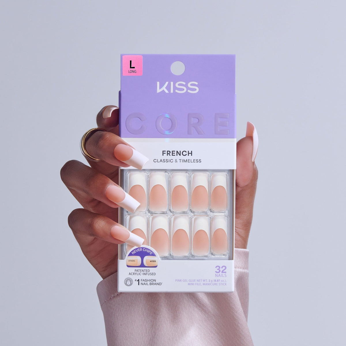 Kiss Core French Press On Fake Glue Nails - Every Minute | French Tips, White, Long, Square