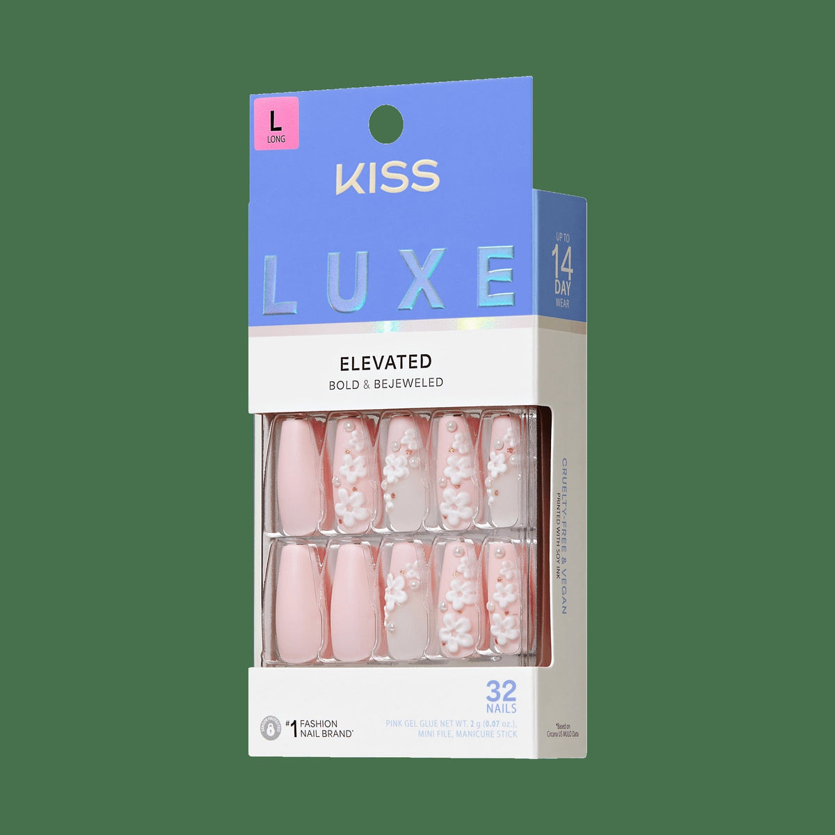 Kiss Luxe Press On Fake Glue Nails - Wandering Tide | 3D & Jewel Design, Pink, Long, Coffin