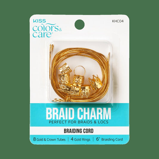 Kiss Colors & Care Metal Hair Styling Braid Charms - Gold | 8 Crown Tubes, 4 Rings, 6in Braiding Cord, Hair Accessories