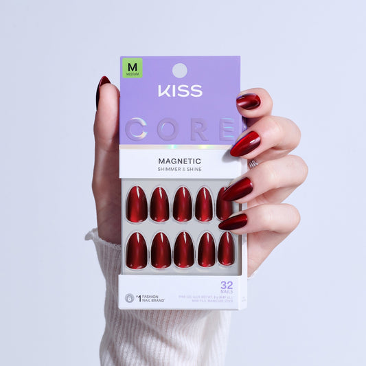 Kiss Core Magnetic Press On Fake Glue Nails - Apple Blossom | Magnetic, Red, Medium, Almond