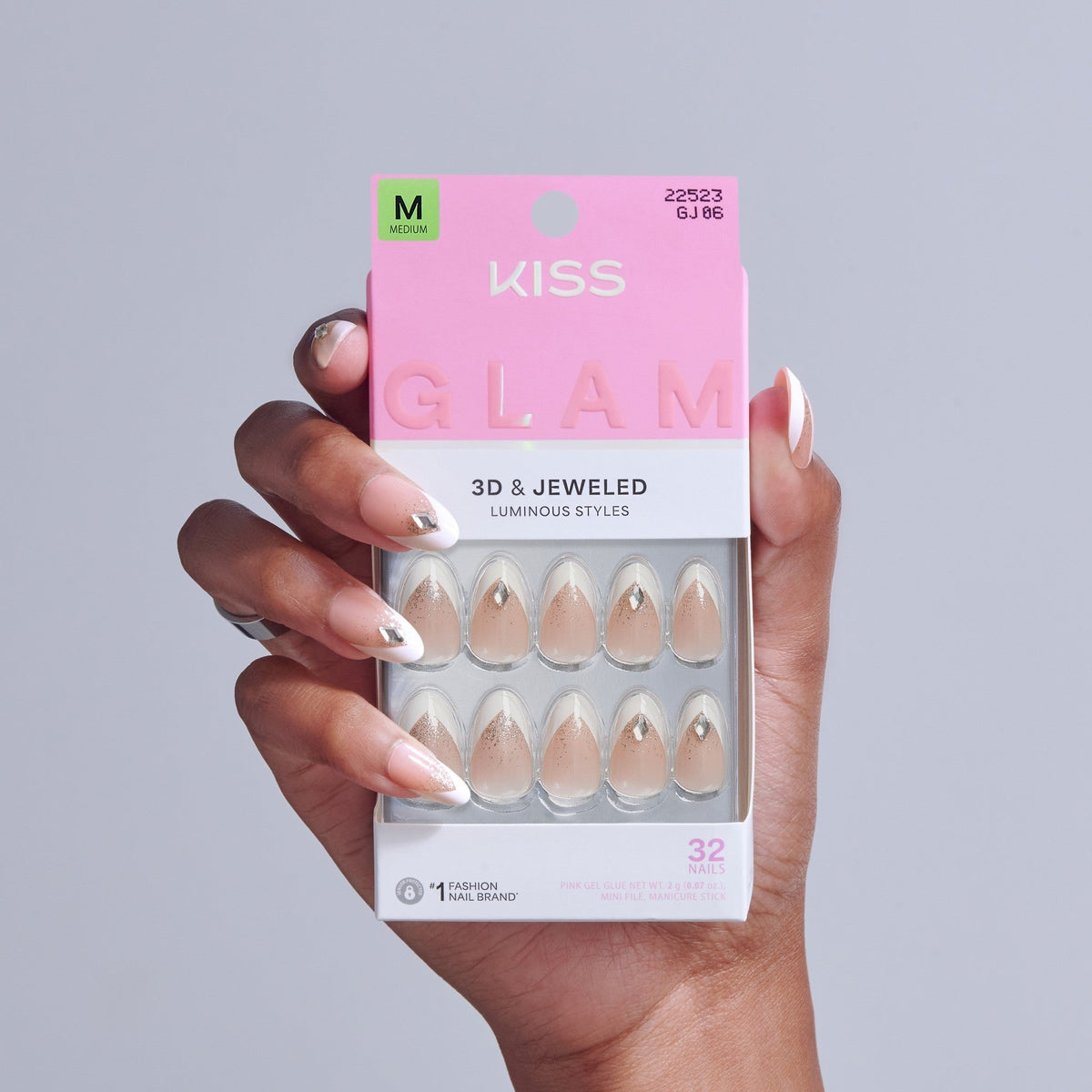 Kiss Glam 3D & Jewel Press On Fake Glue Nails - Applause | 3D & Jewel French Design, White, Medium, Almond