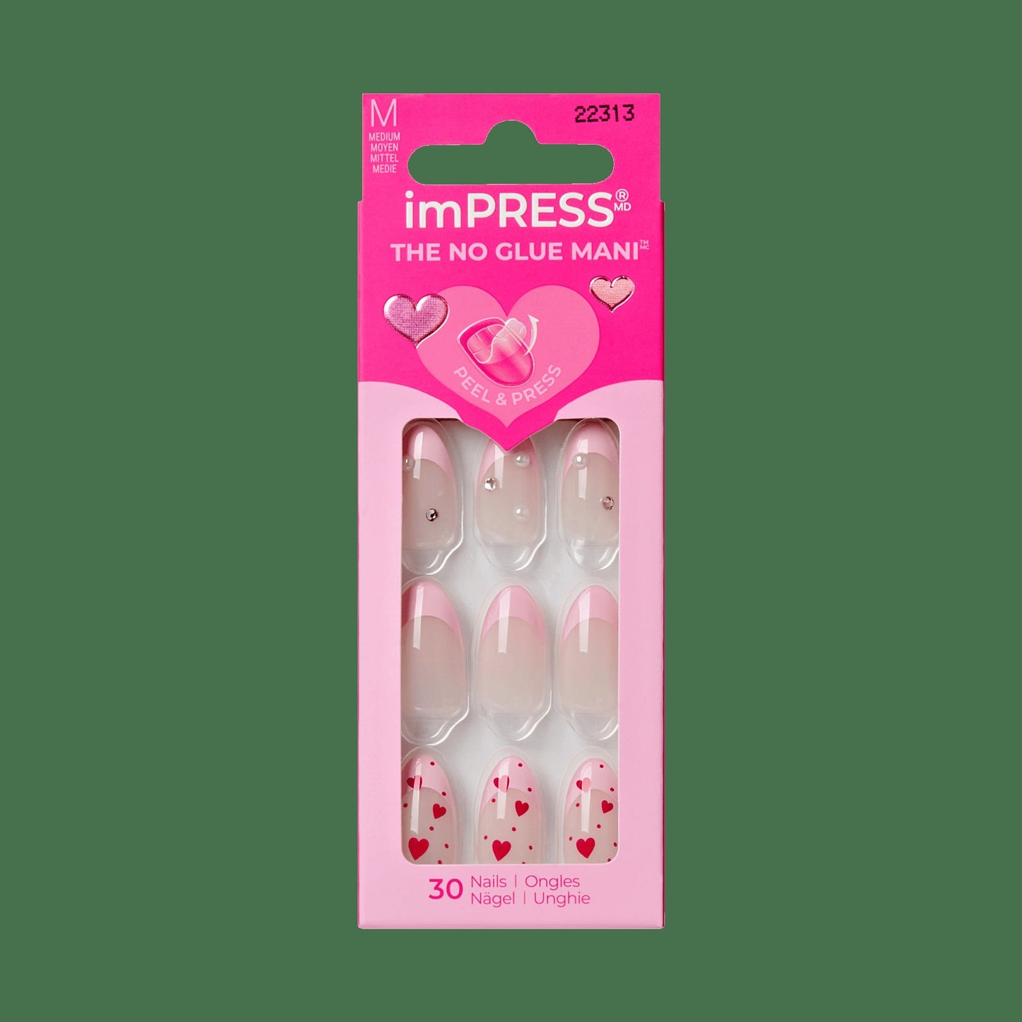 Impress Design No Glue Fake Press On Nails - Still The One | 3D & Jewel French Design, Pink, Medium, Almond, Manicure